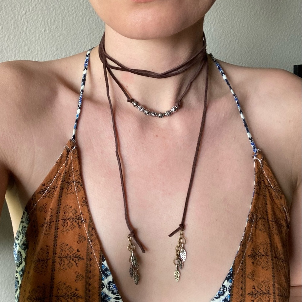 Boho Multi-Strand Suede Wrap Necklace with Silver Beads - Picture 3 of 5